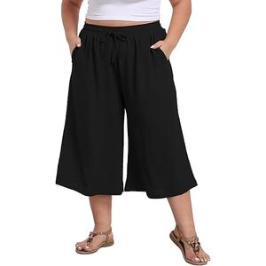 Women's Plus Size Wide Leg Capri Pants Loose Lounge Cropped Culottes Summer Casual Palazzo Pants with Pockets M, Black