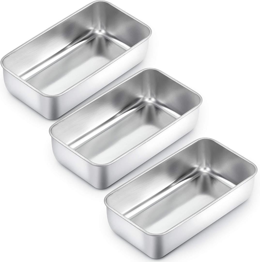 TeamFar Loaf Pan Set of 3, 9 x 5 Inch Bread Loaf Meatloaf Pan Stainless Steel for Baking Bread Cake Toast Brownies, Healthy & Sturdy, Oven & Dishwasher Safe (Silver)