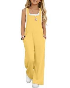 YooAurvox Girls Overall Jumpsuit Straight Leg Sleeveless Knit Pants for 5-14 Years Kids Casual Basic Rompers with Pockets(13-14 Y, Light Yellow)