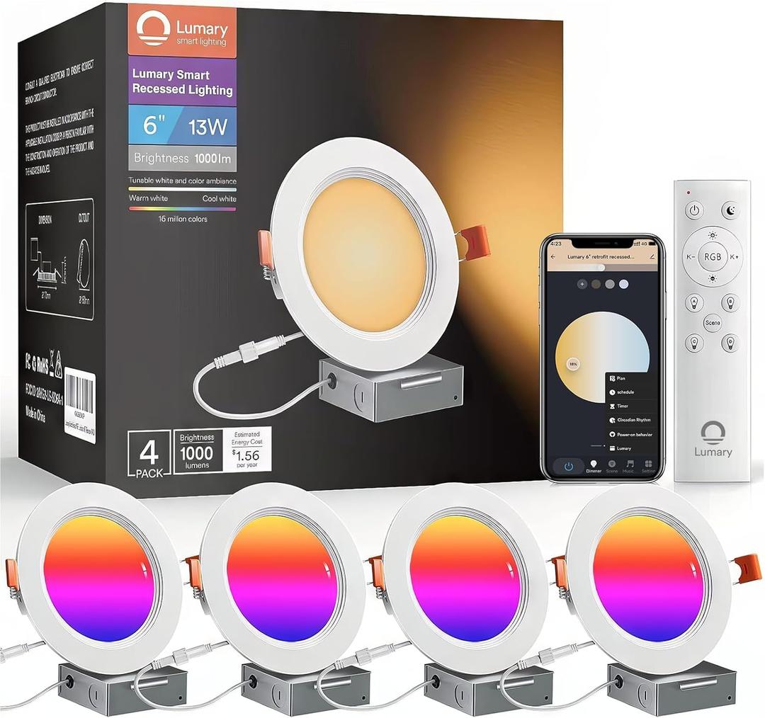 Lumary Smart WiFi LED Recessed Lighting 6 Inch with Remote, RGBWW Canless Ceiling Lights with Anti-Glare Metal Trim & J-Box, Compatible with Alexa/Google, 13W 1000Lm, 4Pack