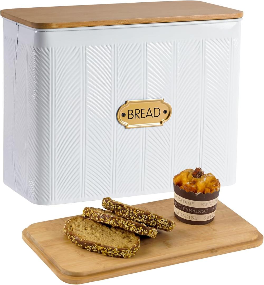 HOME PALETTE Extra Large Bread Box for Kitchen Countertop Corner Breadbox for Homemade Bread Metal White Diagonal Stripe Pattern Embossed Storage Container Bin with Bamboo Lid Fits 2 Loaves of Bread