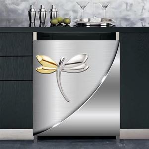 Kitchen Dishwasher Magnetic Cover, Faux Stainless Steel Dishwasher Front Cover Decor, Dragonfly Magnet Decorative Refrigerator Cover (23W x 26H Inch) (D646m)