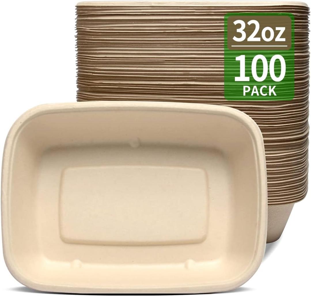 bloomoon 100 Pack 32 oz Large Paper Bowls, Chipo-tle Style Disposable Bowls for Burrito, Nacho, Taco Salad, Baked Potato, Nacho Bar Supplies for Party, 100 BOWLS ONLY (32 fl oz Rectangle (8.46 x 6.14 x 1.92 inch))
