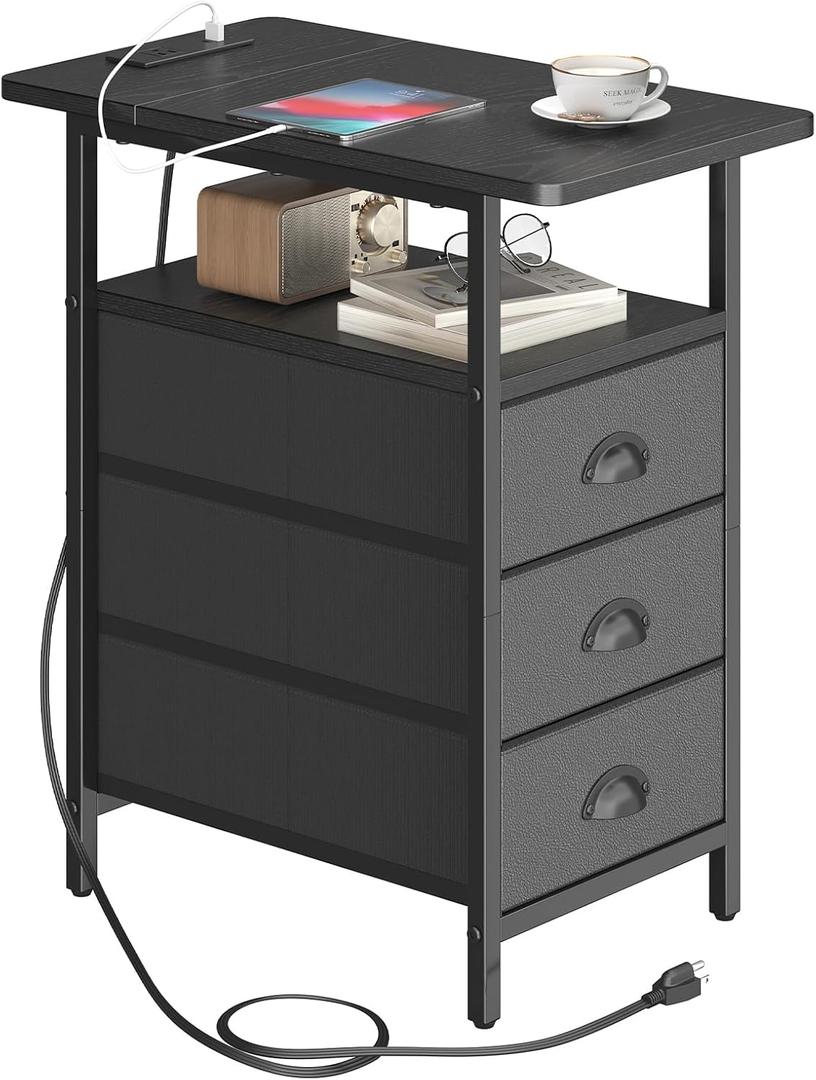 sthmec End Table with Charging Station, Side Tables Livingroom with USB Ports and Outlets,Narrow Nightstands Bedside Tables with 3 Drawers PU Finish for Small Space,Slim Sofa Table Bedroom,Black