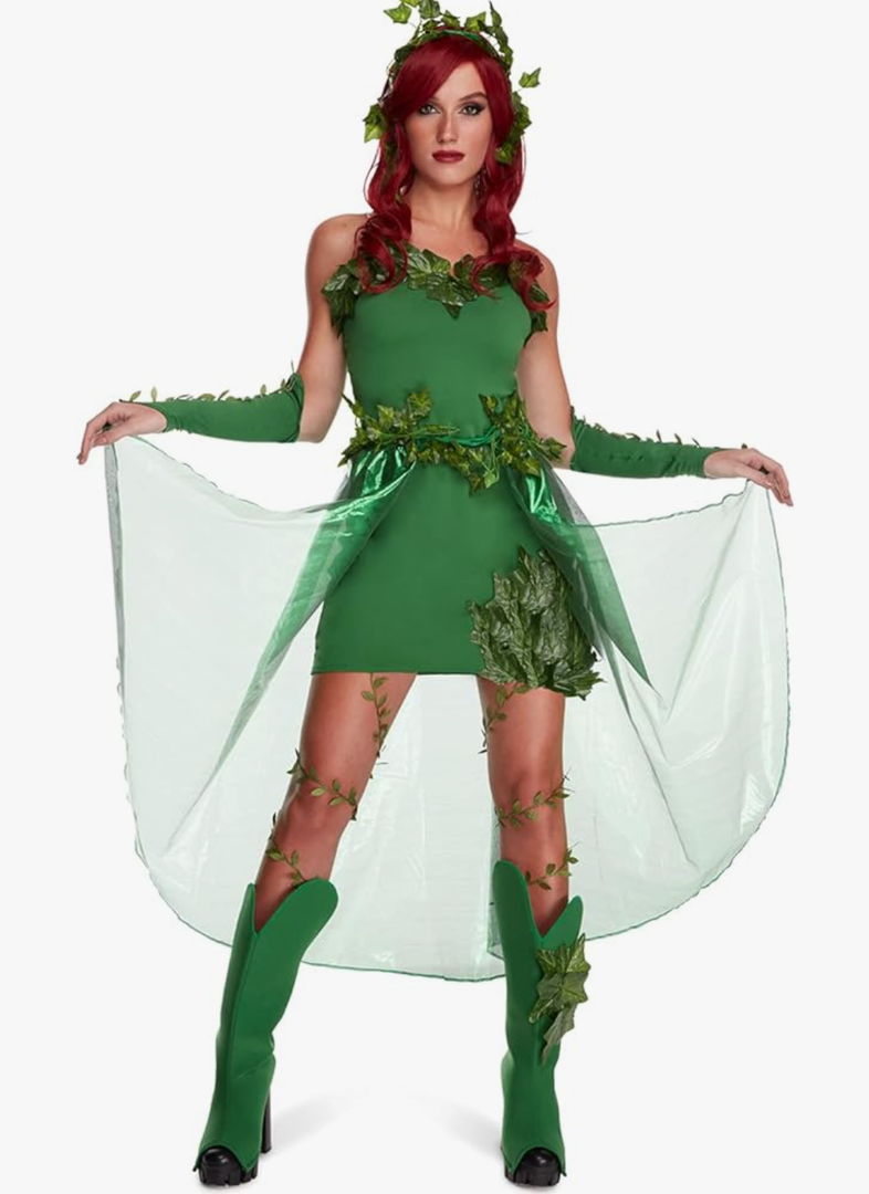 Morph Villain Costume For Women, Green Dress With Fake Leaves, Comic Con Costume For Women, Halloween Outfit S