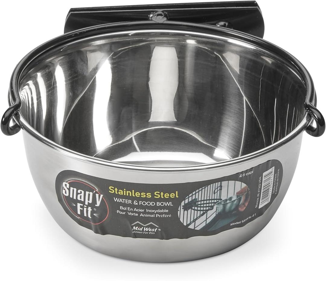 MidWest Homes for Pets Snap'y Fit Stainless Steel Food or Water Bowl, Holds 1 Quart, Mounts to Wire Crates, No-Tip Design, Rust-Resistant, for Dogs and Cats (Silver)