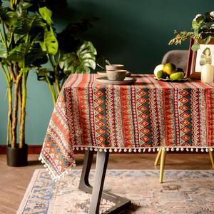 SUTAVIA Red Boho Tablecloth Pompom Tassel Table Cloths Exquisite Bohemian Table Cover Rustic Farmhouse Table Cover for Home Holiday Banquet Dining Room Decor(Red, Rectangle, 60"x120")