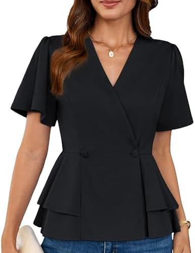GRACE KARIN 2025 Women's Business Casual Outfits Peplum Tops Dressy Summer Short Sleeve V Neck Wrap Work Blouse Shirts, Size Large