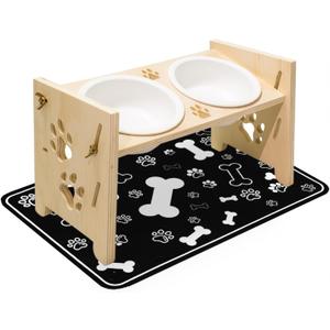 2026 New Elevated Cat Bowls with Food Mat, Adjustable Height & Angle Raised Cat & Dog Bowls Stand for Food and Water, Cat or Small Dog Feeding Station, 2 Ceramic Bowls for Cats and Puppy(Natural Wood)