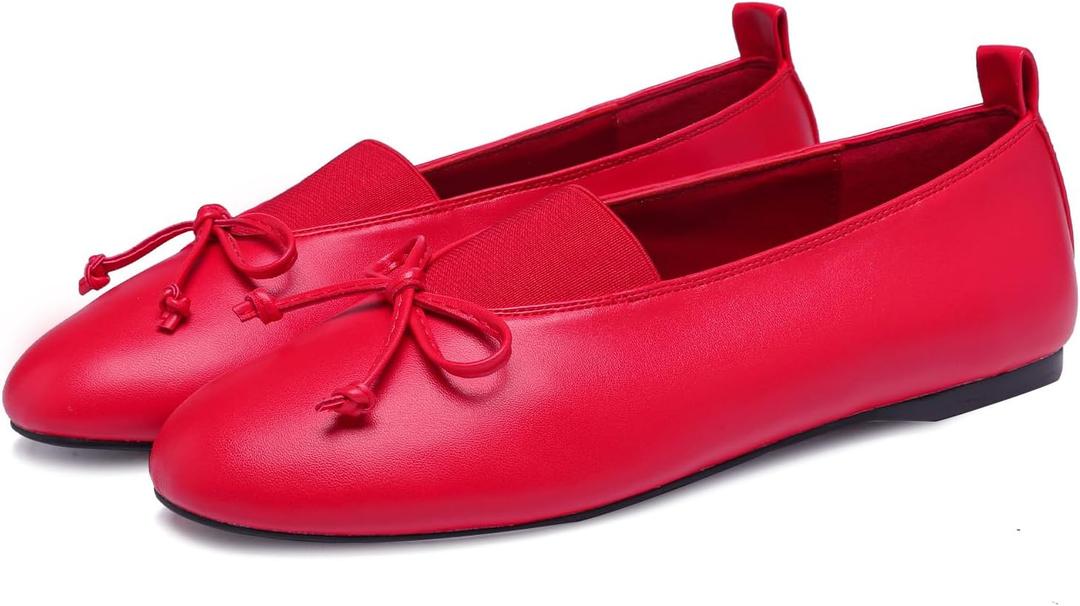 Ballet Flats for Women Cute Bow Round Toe Mary Janes Comfortable Faux Leather Slip On Ballerina Shoes (8, Red)