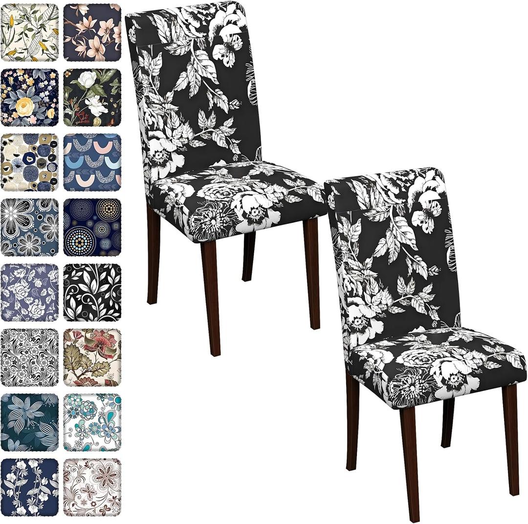 Chair Covers Dining Room Set of 2,Printed Patterned Stretch Non Slip | Chair Slipcover Removable Washable Kitchen Chair Protector Cover for Home Hotel Banquet Wedding Party Navy White Floral Leaf
