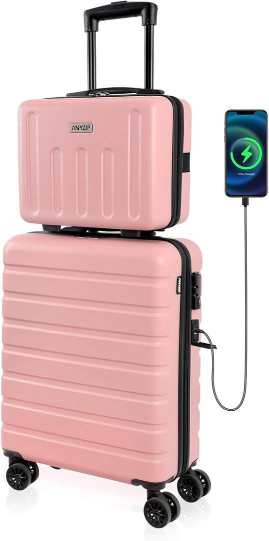 AnyZip Suitcase, 20" Carry On Luggage 14" Mini Cosmetic Cases Luggage Sets Hardside PC ABS Lightweight USB Suitcase with Wheels TSA for kids (2 Piece Set 14/20, Pink)