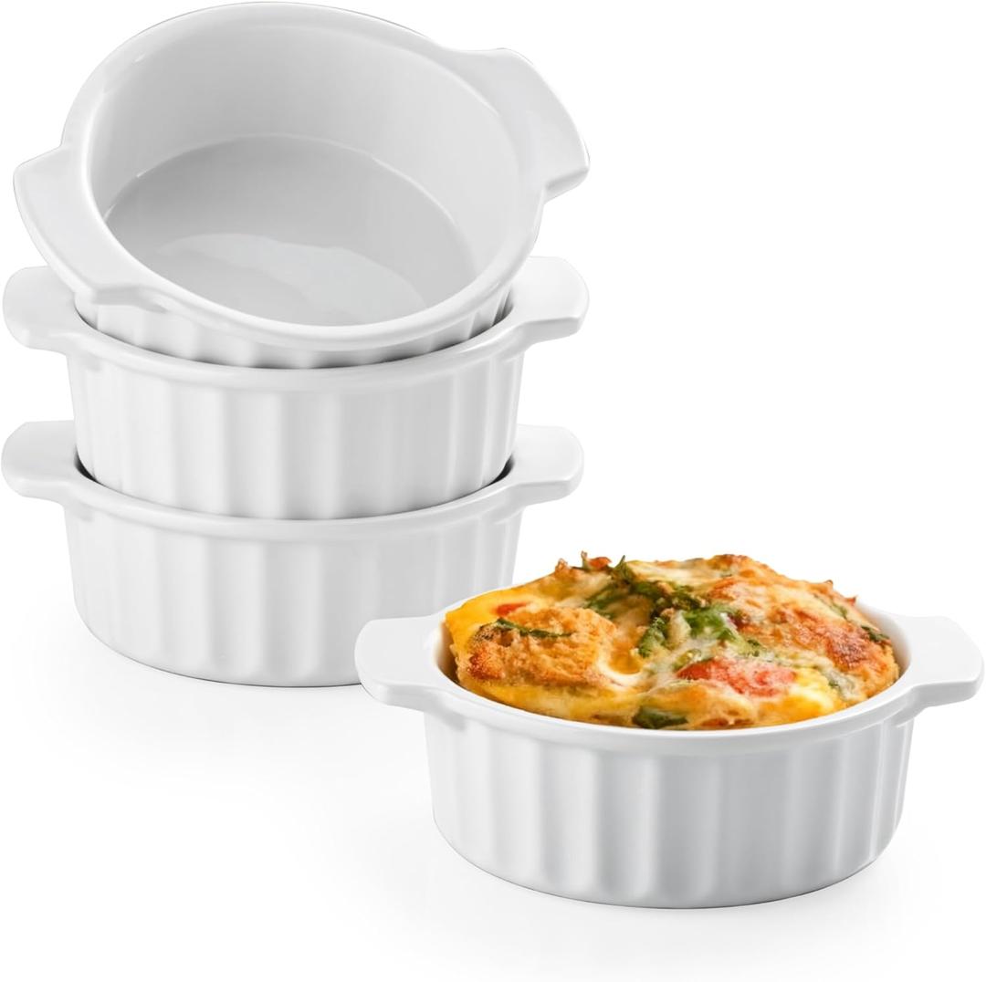 12 oz Ramekins with Handles, French Onion Soup Bowls Oven Safe, Small Baking Dishes Mini Casseroles Dish, Set of 4