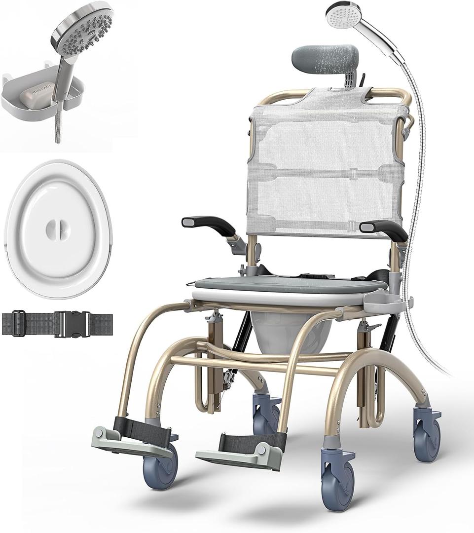 Vocic Reclining Shower Chair with Wheels for Elderly and Disabled, Height Adjustable Rolling Bath Chair with Drop Arms (300 lbs)