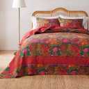 Greenland Home Jewel Cotton Kantha-Quilted Bedspread Set - Jumbo Sized Reversible Quilt Set, 3-Piece Queen, Red
