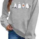 MNLYBABY Halloween Cat Sweatshirt Women Funny Cat Ghost Graphic Shirt Gifts Spooky Long Sleeve Crewneck Shirt Tops (Gray)