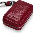 Buffway Car Key Chain Bag,Genuine Leather Car Keychain Coin Holder Metal Hook and Keyring Wallet Zipper Case for Auto Remote Key Fob - Cherry