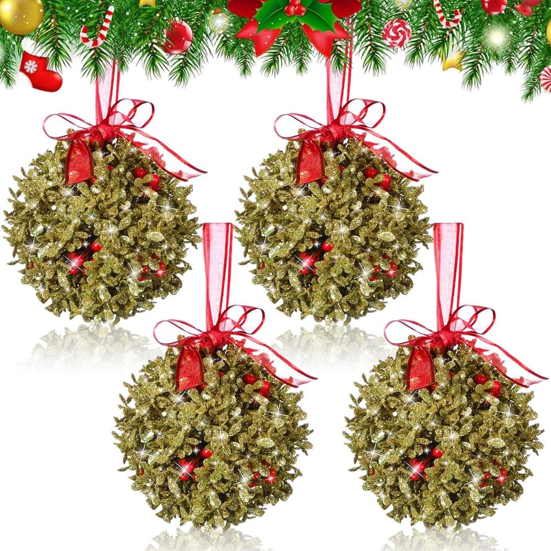 XunYee 4 Pack 5 Inch Christmas Mistletoe Door Kiss Ball Ornament Hanging Decor, Artificial Glitter Kissing Ball Ornament with Bow and Red Berries for Home Christmas Tree Party Decor