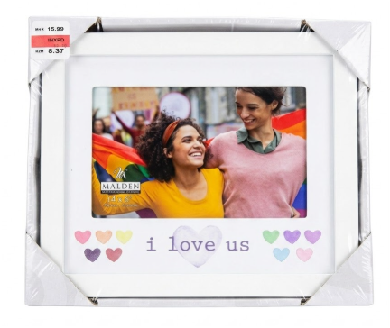 8×7 I Love Us Picture Frame Raised White Outer MDF Wood Moulding White Wood Grain Finish Mat With Gray Screen printed Text Silver Finish Metal Heart Attachment