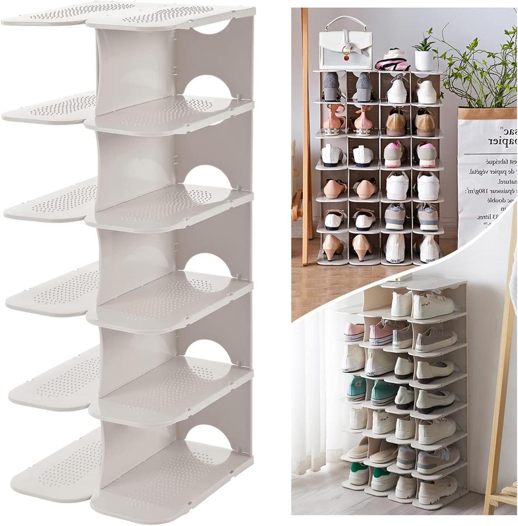 6-Tier Narrow Shoe Rack for Small Entryways, Space-Saving Adjustable Stackable Shelves, Free Standing Shoe Organizer for Closet, Corner, Doorway, White
