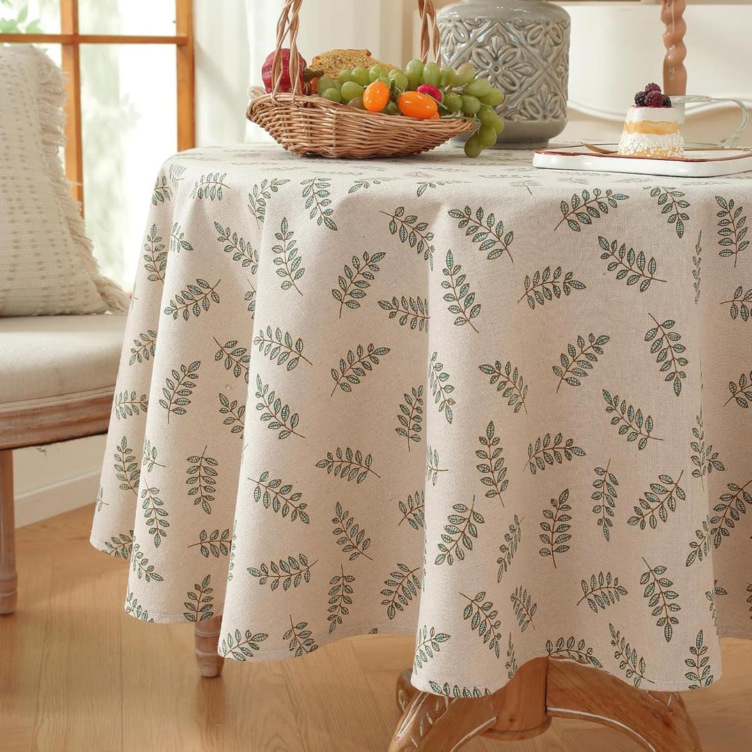 Round Leaf Tablecloth-Washable Linen Table Cloth-Green Vintage Design for Indoor Outdoor Dining,Picnic,Restaurant Decor