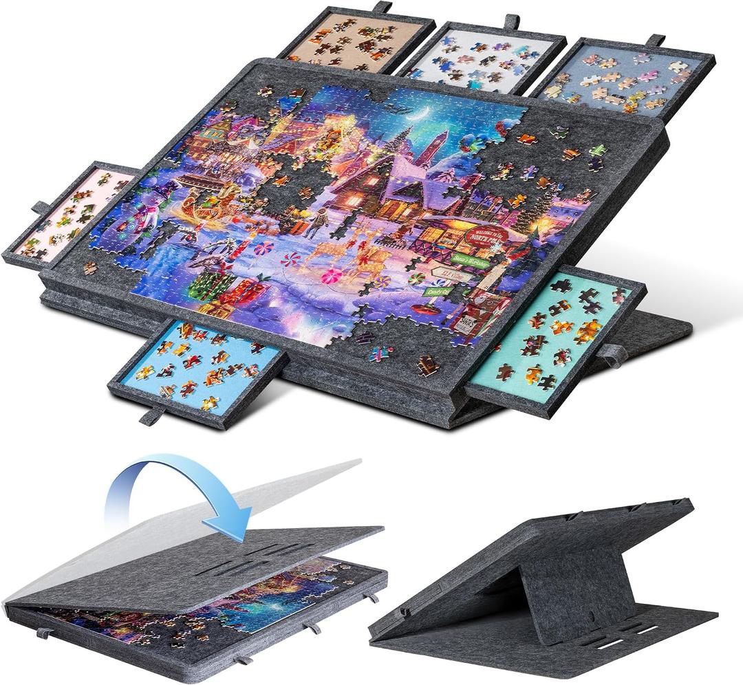 1000 Piece Tilting Jigsaw Puzzle Board with 2-in-1 Stand & Cover, 3 Angle Adjust Puzzle Table with 6 Colorful Drawers, Lightweight Jigsaw Game Boards for Adults