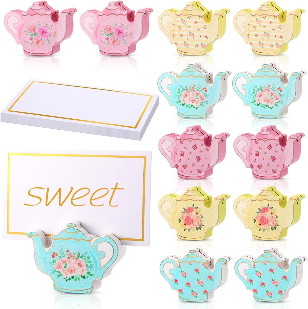 Kigley 18 Pcs Teapot Wooden Place Card Holder with 25 Pcs Gold Foil Card Tea Floral Party Wooden Table Sign Teapot Picture Number Sign Stands Holder for Wonderland Tea Party Baby Shower (Cute)