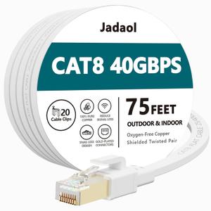 Jadaol Cat 8 Ethernet Cable 75 ft, 40Gbps 2000MHz Flat RJ45 S/FTP LAN Patch Cable, High-Speed Cat8 Network Cable for Router, Modem, Switch, Gaming Consoles, PC, Home Network & Streaming Devices, White