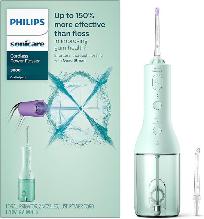 Philips Sonicare Cordless Power Flosser 3000  Water Flosser with Innovative Quad Stream Technology, Oral Irrigator with 2 Flossing Modes and 3 Pressure Levels, IPX7 Waterproof, Mint, HX3826/24