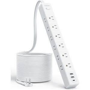 25 FT Flat Extension Cord with 12 AC Outlets with 3 USB Ports (1 USB C), 1875W 15A 14 Gauge 3 Prong Power Strip, On-Off Switch, Mountable for Home Office Garage Workshop