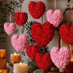 12 Pcs Valentine's Day Decoration Red Rose Heart Ornaments 3.9'' 3.1'' 2.36'' Foam Roses Floral Wreath Pink Red Hanging Decorations for Tree Wife Mom Women Gift Home Wedding Decor
