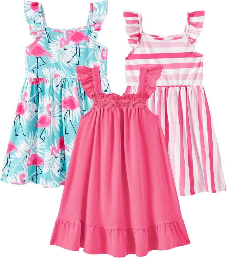 PATPAT Multipack Girl Toddler Dresses Sleeveless Flamingo Striped Toddler Casual Dresses, 3-4 Y