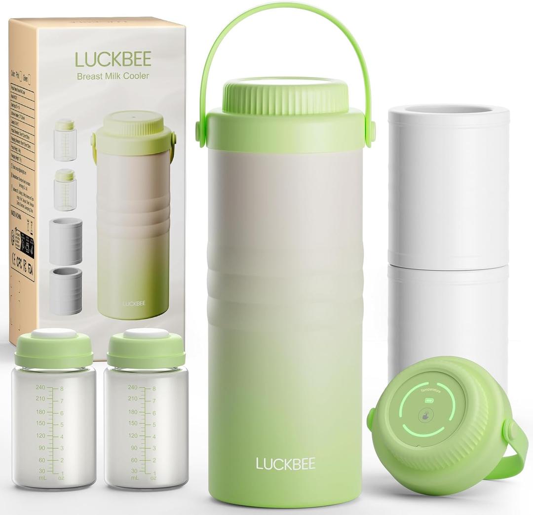 LUCKBEE Portable Breastmilk Cooler - 16oz Breast Milk Cooler Bottle with LCD Temp Display Cooling up to 24 Hours, Breastmilk Chiller with 2pcs Milk Storage Bottles, Breastfeeding Essentials for Baby (Green)
