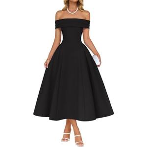 ZESICA Cocktail Dresses for Women's Elegant Off Shoulder Short Sleeve Swing A Line Wedding Evening Party Midi Dress, L