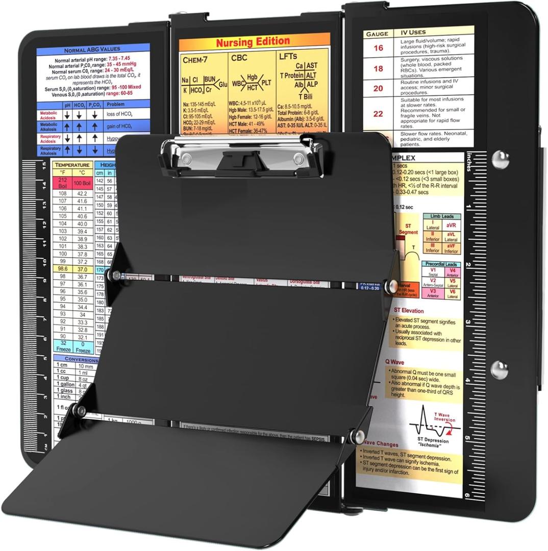 Nursing Clipboard Foldable, Foldable Clip Board w/Nursing Edition Cheat Charts, 3 Layers Aluminum, Nurse Clipboards w/Low Profile Clip & Pen Clip Pocket for Students, Nurses and Doctors, Black
