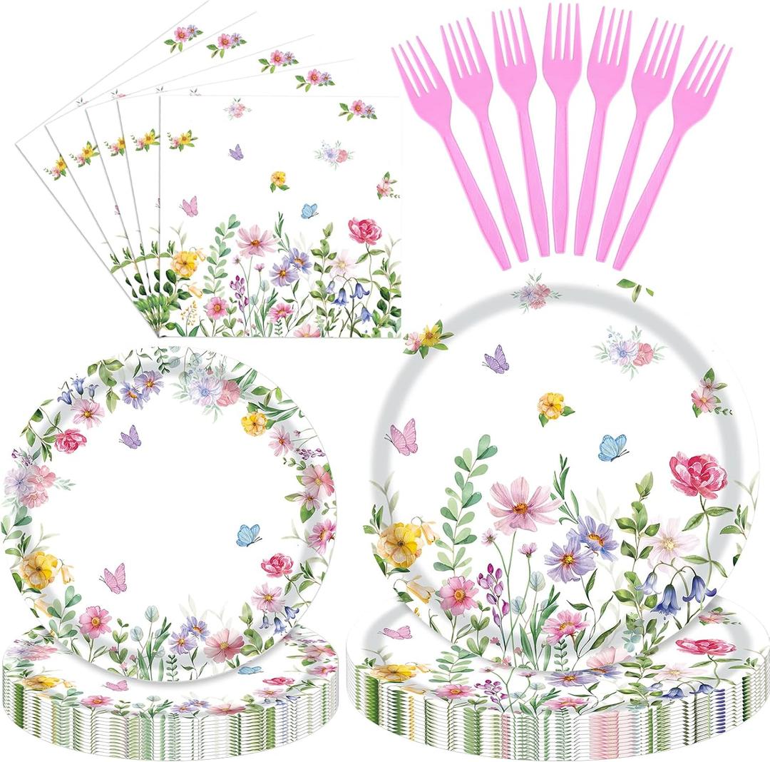 96 Pieces Floral Spring Tableware Set  Wildflower and Butterfly Disposable Plates, Napkins, and Pink Forks for Garden Parties, Baby Showers, Birthdays, and Bridal Celebrations  Serves 24