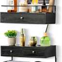 Floating Shelves - Wall Mounted Bathroom Shelf Set of 2 with Drawers, Rustic Wood Shelves for Bedroom, Living Room, Kitchen, Home Decor, Plants, Books (Black) (13.8 Inch Long)