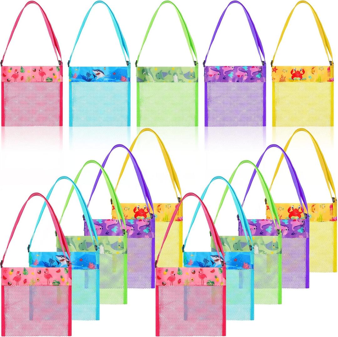 Frienda 15 Pack Mesh Beach Tote Bag, Seashell Bags, Bag Toys Organizer for Holding Beach Children' Toys Market Picnic(Cute Style)
