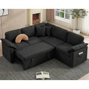 85" Modular Sectional Sleeper Sofa with Pull Out Bed, L-Shaped Couch with Storage, Space-Saving 5/7-Seater Convertible Sleeper Sofa Bed for Living Room, Apartments, Black | Densified Linen, Sofa Bed