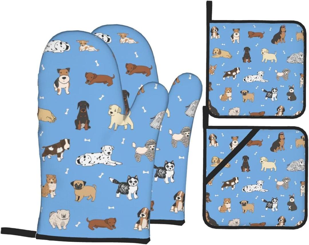 Perinsto Cute Dogs Animals Blue Oven Mitts & Pot Holders 4 Pcs Set, Decorative Heat Resistant Cooking Gloves Microwave Oven Gloves for Kitchen Baking Grilling BBQ