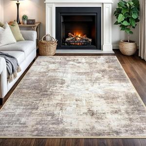 Abstract Area Rugs 5x7 Ft Washable Rugs for Living Room, Non Slip Dining Room Rug, Printed Faux Wool Rugs for Bedroom, Floor Carpet for Office Nursery Playroom, Beige Brown