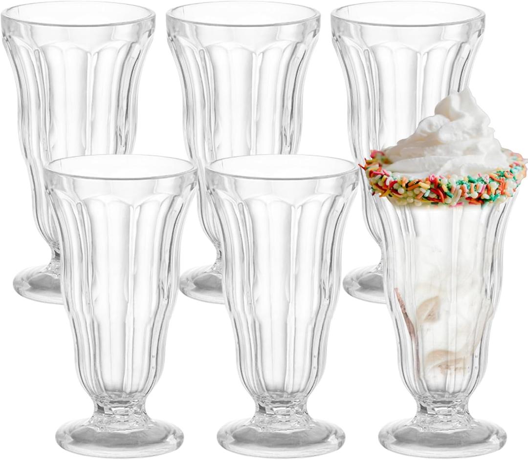 Cheardia 6 Pack Plastic Milkshake Glasses, 13.5 oz Old Fashioned Soda Glass Footed Ice Cream Cups, Clear Pina Colada Fountain Glasses Milkshake Cups for Sundae, Juice, Tropical Drinks, Party