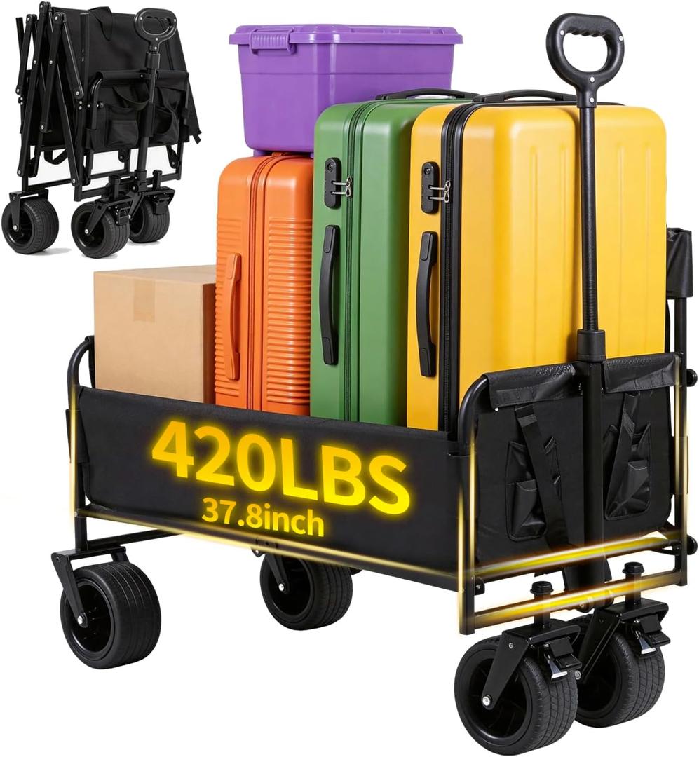 37.8" L Collapsible Wagons Carts Foldable 420lbs Heavy Duty Beach Wagon Folding Utility Wagon with 360°Rotatable All-Terrian Wheels & 90°Adjustable Handle for Camping Garden Sports Shopping Groceries