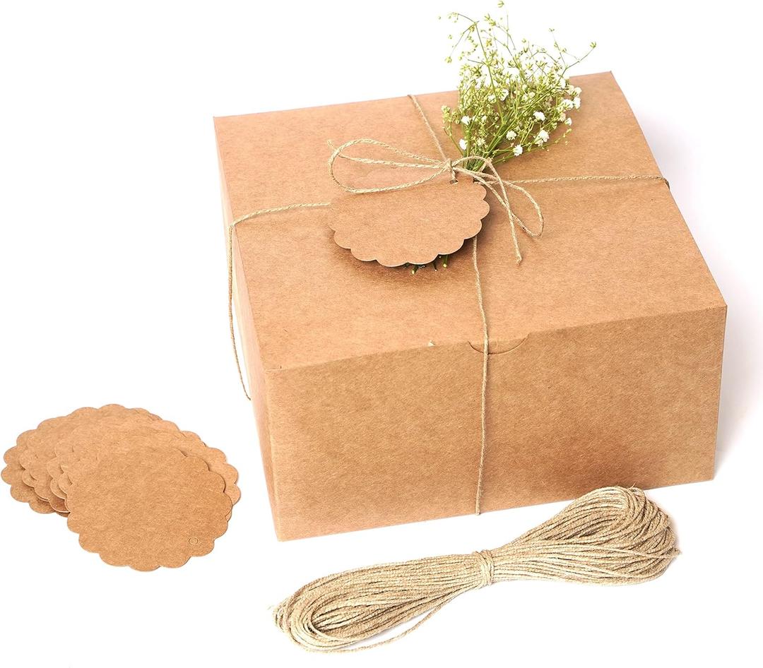 mudrit Kraft Gift Boxes 10 Pack 8x8x4 Inches, Thick Kraft Paper Boxes with Lids, Tags & Jute Rope for Gifts, Wedding Favours, Bridesmaid Proposals, Cupcakes, Crafting