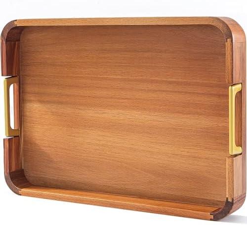 Acacia Wood Serving Tray with Metal Handles, 17x12in Food Drinks Tray for Coffee Table, Breakfast, Dinner & Bar, Rustic Decorative Storage Tray for Ottoman, Kitchen, Parties