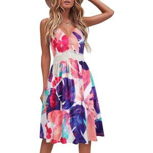 LAISHEN Women's 2024 Summer Casual Sundress V Neck Spaghetti Strap Lace Floral Beach Vacation Midi Dress (L)