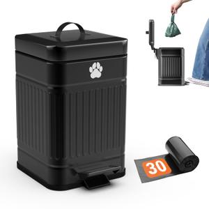 Small Dog Poop Trash Can Outside, 1.3 Gal Metal Dog Waste Trash Can, Small Poop Bucket Outdoor with Lid, Poo Container Bin Waterproof Backyard Odor Control, 30 Bags (Black)
