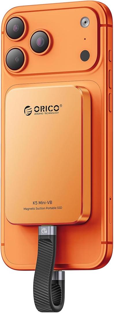 ORICO 480GB Magnetic External SSD, Aluminum Alloy, Up to 460MB/s, External Solid State Drive, Expand Storage for iPhone 17 Pro Max, Compatible w/MagSafe, USB-C Smartphones - K5MINI Orange
