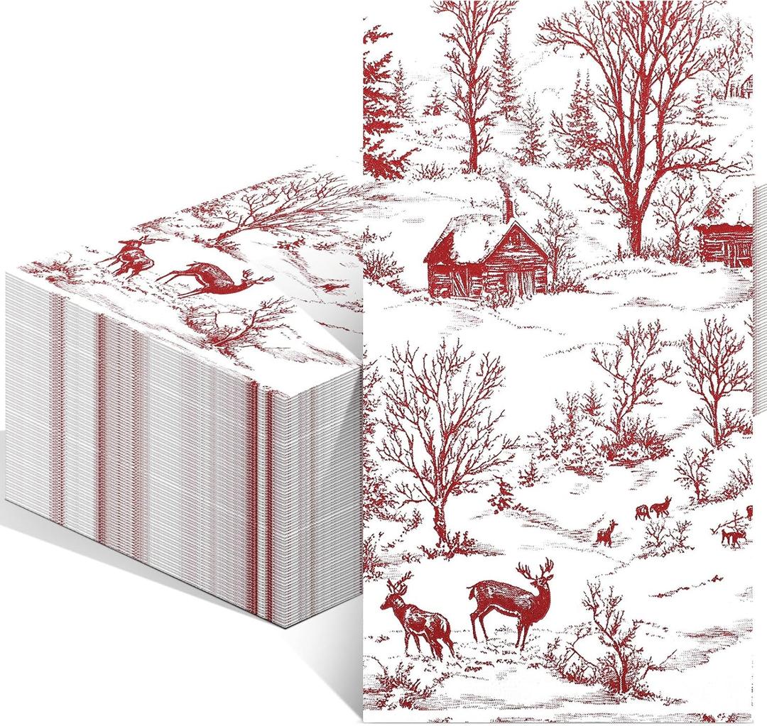 100 Pcs Christmas Toile Napkins Disposable Red Christmas Guest Napkins Xmas Toile De Jouy Style Paper Hands Towels for Home Party Bathroom Holiday Decorations, 4.3 x 7.9 Inch