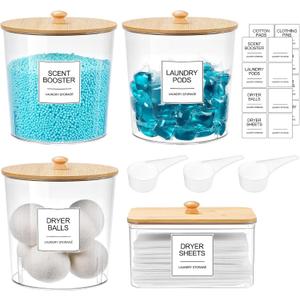 Laundry Pods Container & Dryer Sheet Holder, Laundry Room Organization and Storage Jars with Lids, Labels & Scoops for Powder Detergent Scent Booster (Wood)